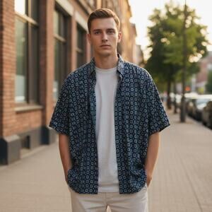 NWT Vintage Natural Issue by Feldini Short Sleeve Button Up Shirt Mens Large